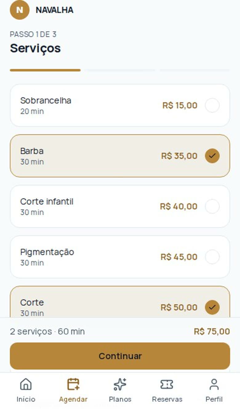 Tela do cliente escolhendo Barba e Corte, com o preço do combo de R$ 75.