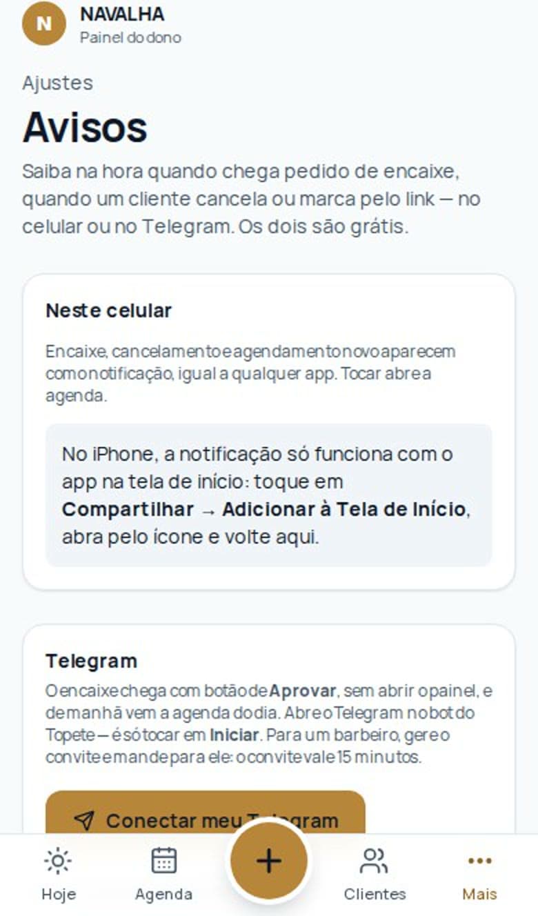 Tela Avisos: notificação neste celular e conexão com o Telegram.