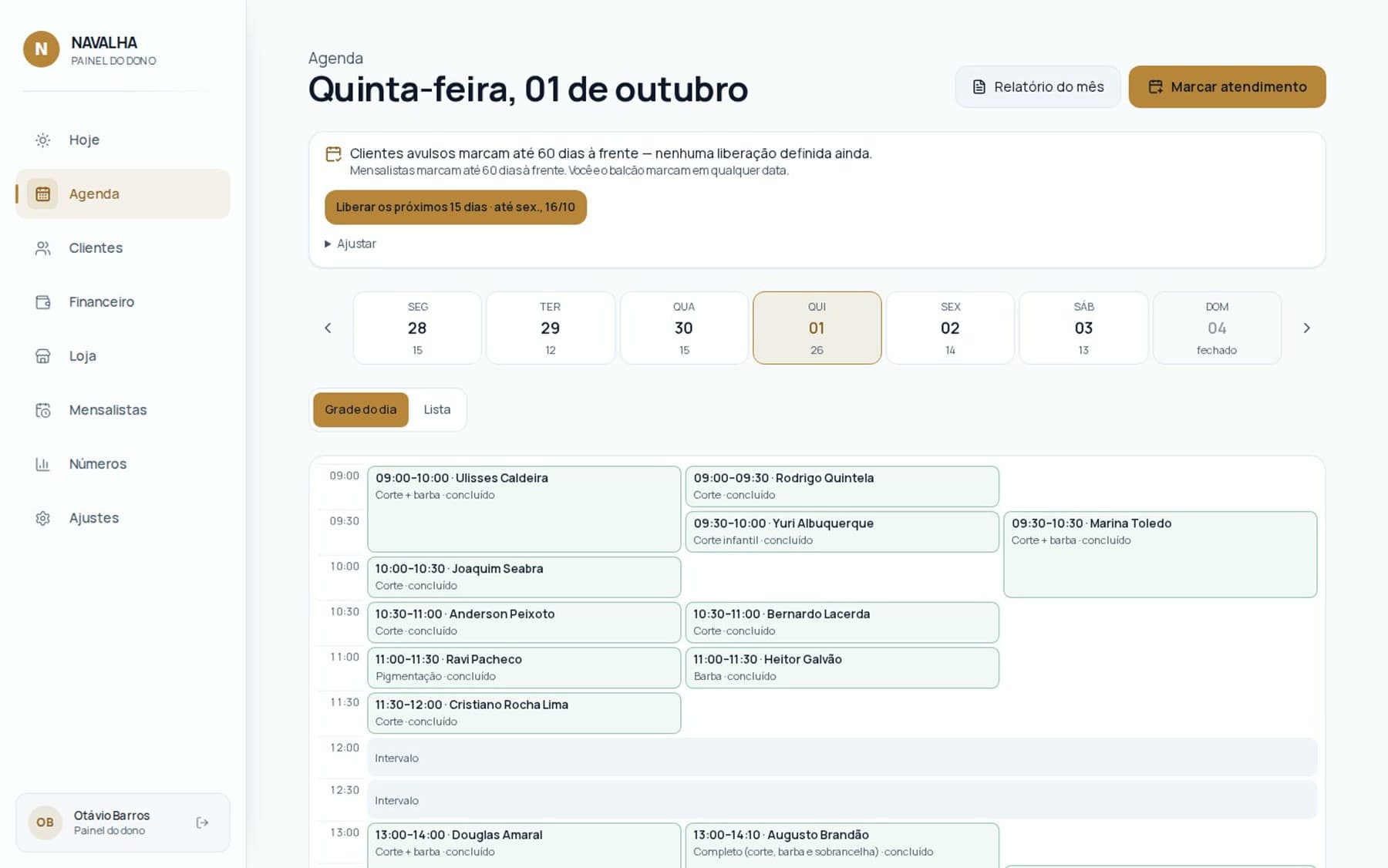 Agenda do dono no computador: a semana, os barbeiros e os horários marcados e de encaixe.